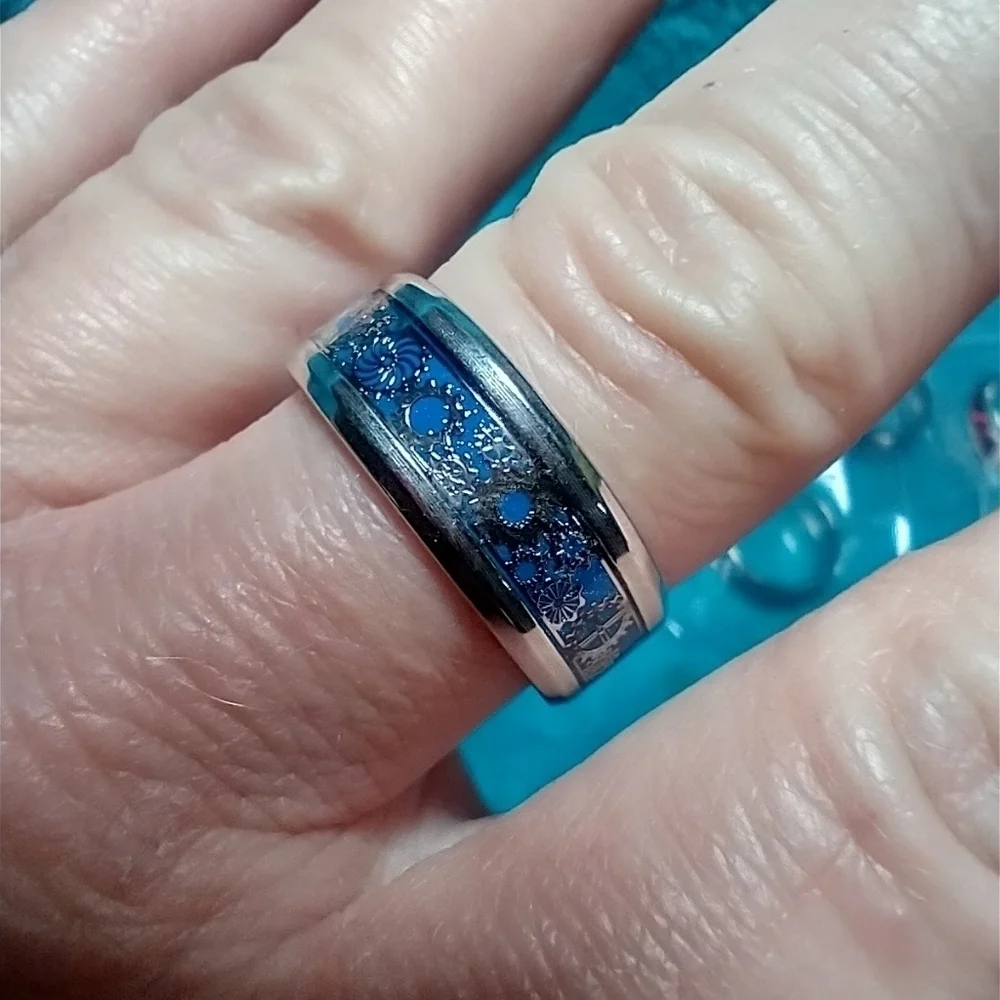 Silvertone blue industrial gear design band ring